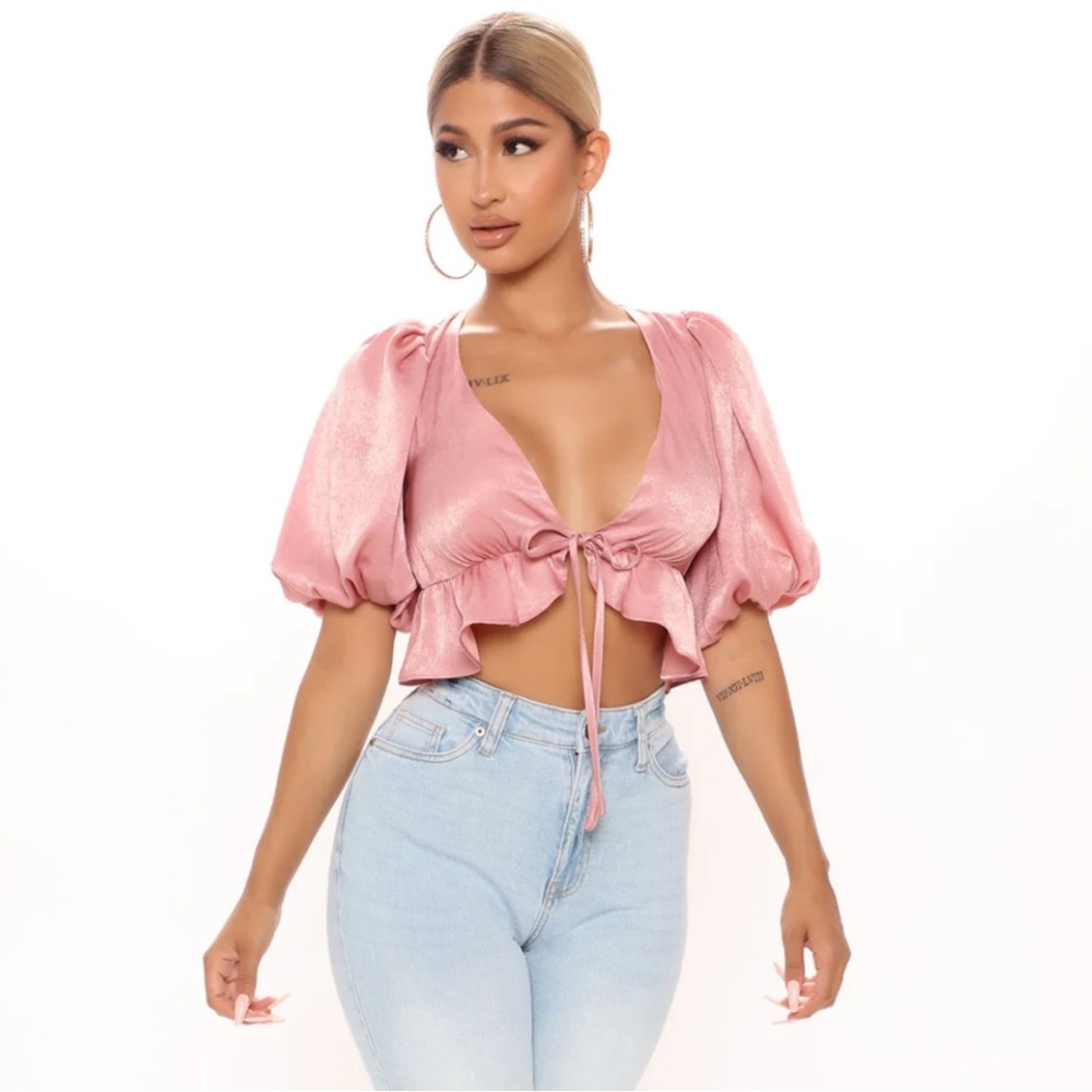 Fashion Nova Pink Puff Sleeve Peplum Blouse Size M